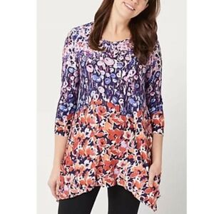 LOGO by Lori Goldstein Blue and Purple Asymmetrical 3/4 Sleeve Tunic